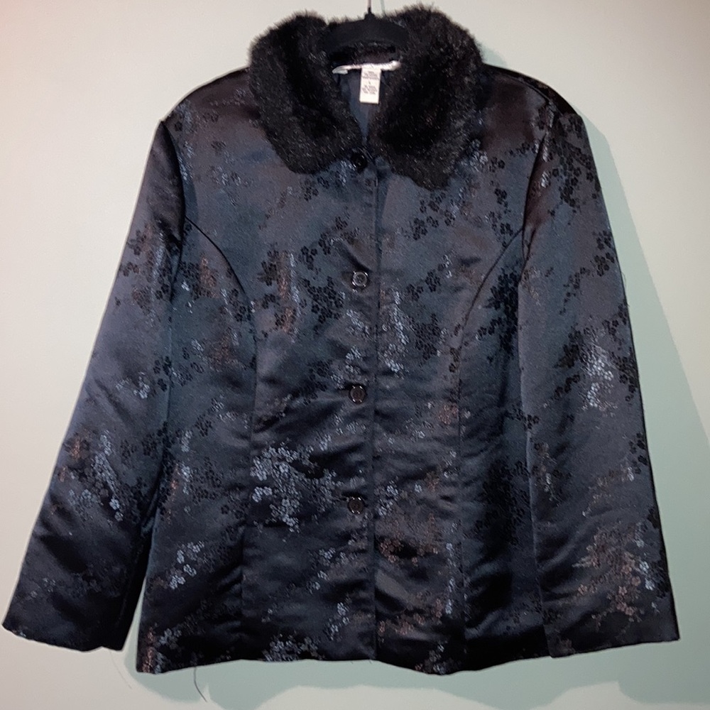 Asian Cheongsam Black Floral Print 90s Y2K Faux Fur Collar Satin Jacket Coat